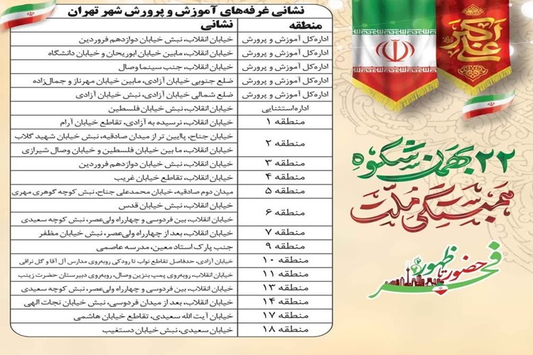  ✅ نشانی غرفه های آموزش و پرورش شهر تهران در راهپیمایی ۲۲ بهمن 